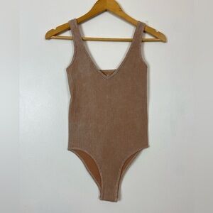 AURA Ribbed Tan Stone Washed Soft Flattering V-Neck Bodysuit